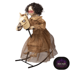 Grusel Puppe auf Schaukelpferd Animatronik